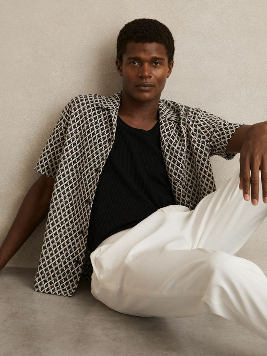 Geometric-Crochet Cuban-Collar Shirt Navy/White | Men