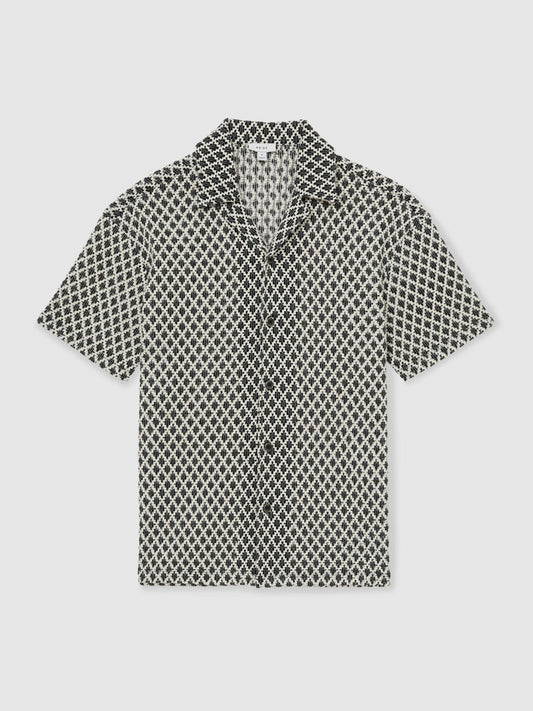 Geometric-Crochet Cuban-Collar Shirt Navy/White | Men