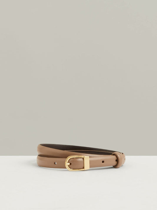 Leather Curved-Buckle Skinny Belt Taupe | Women