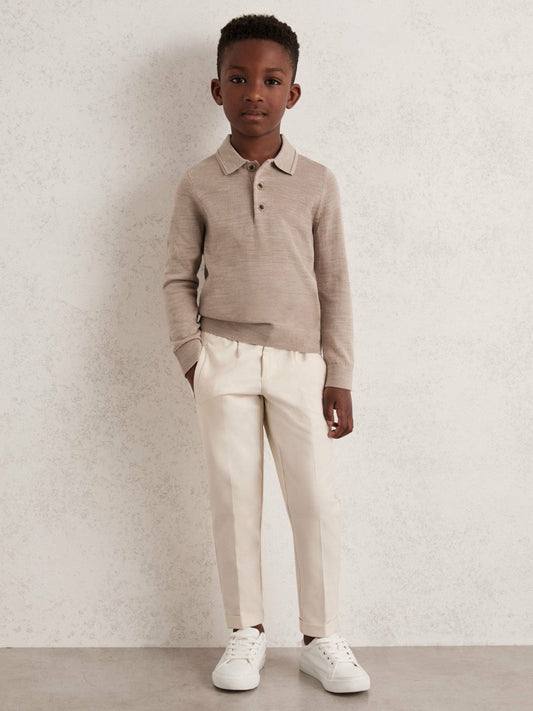 4-9 yrs Merino Wool Long-Sleeve Polo Shirt Wheat Melange | Children & Baby