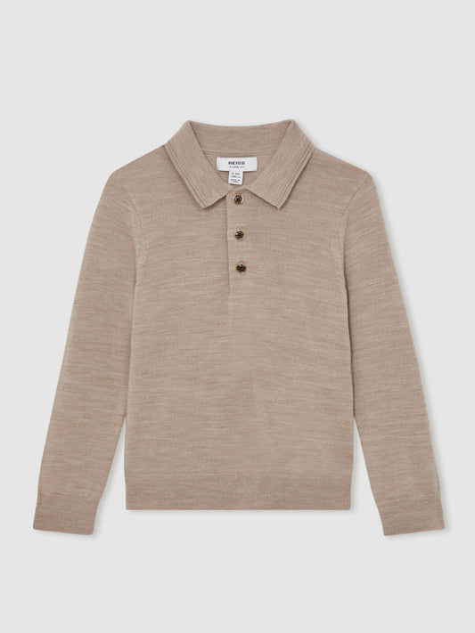 4-9 yrs Merino Wool Long-Sleeve Polo Shirt Wheat Melange | Children & Baby