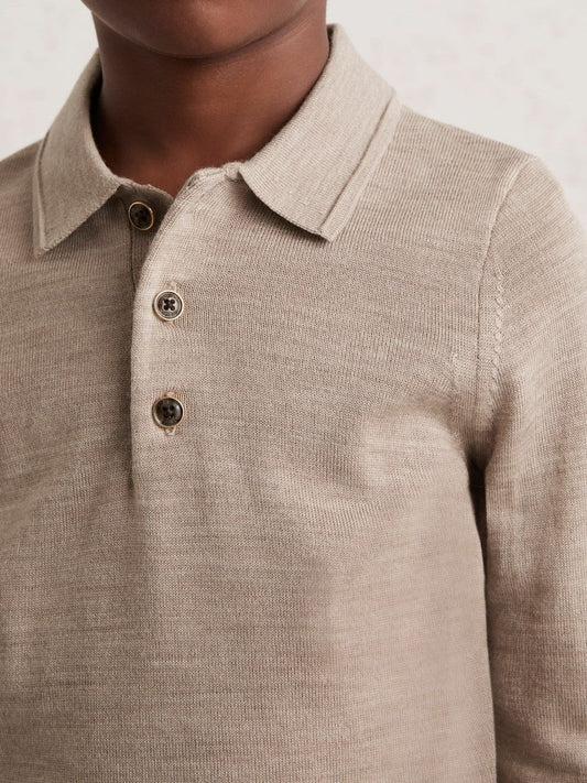 9-13 yrs Merino Wool Long-Sleeve Polo Shirt Wheat Melange | Children & Baby