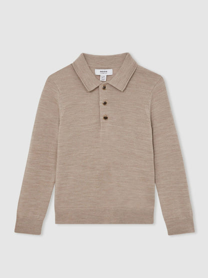 9-13 yrs Merino Wool Long-Sleeve Polo Shirt Wheat Melange | Children & Baby