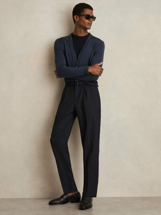 Wool-Blend Belted Pleated Trousers Regular-Fit Navy | Men