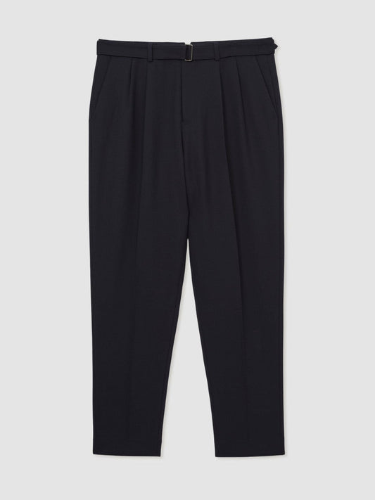 Wool-Blend Belted Pleated Trousers Regular-Fit Navy | Men