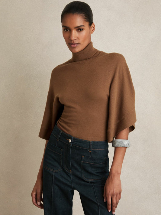 Merino Wool Batwing Roll-Neck Jumper Tan | Women