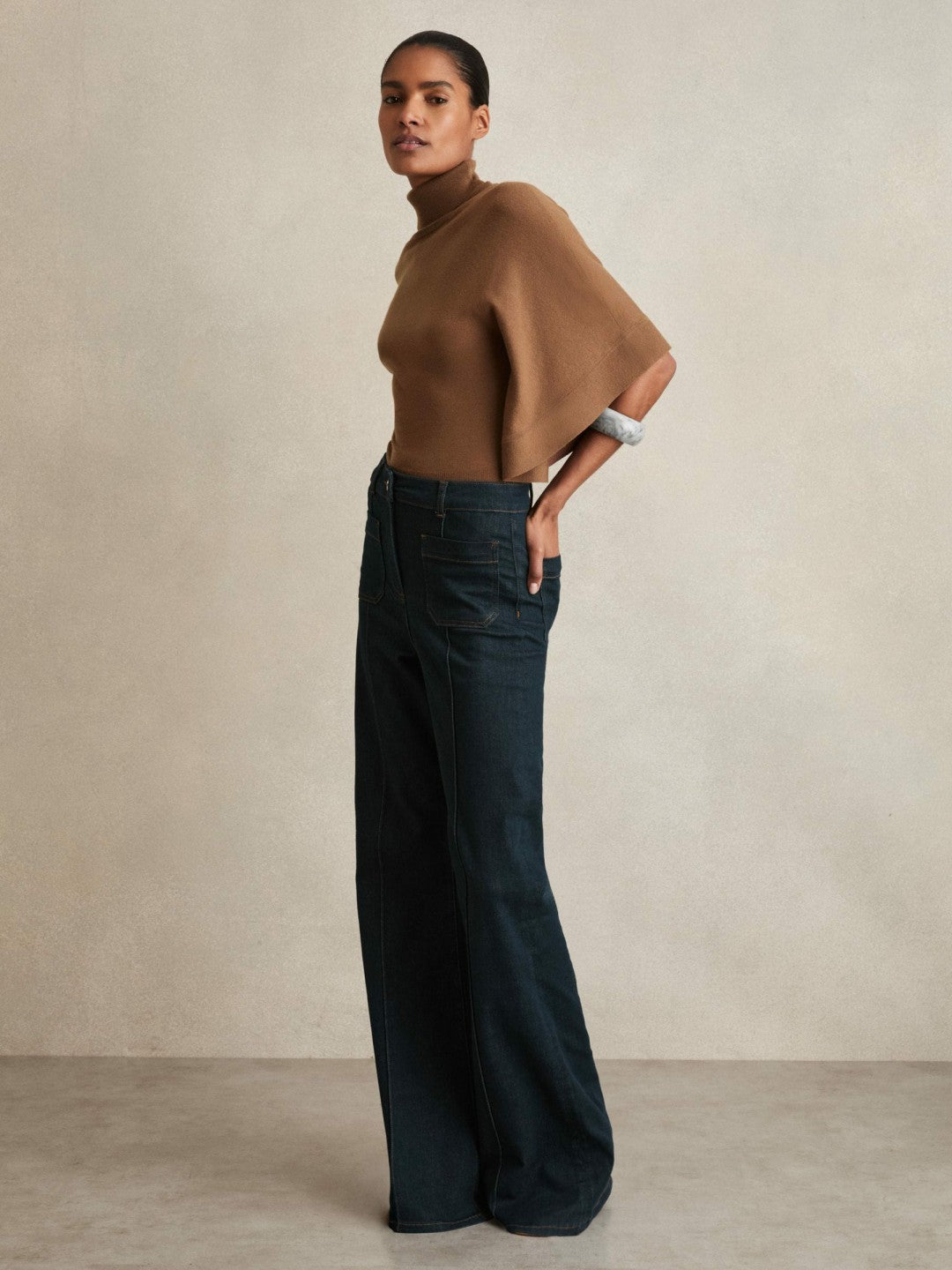 Merino Wool Batwing Roll-Neck Jumper Tan | Women