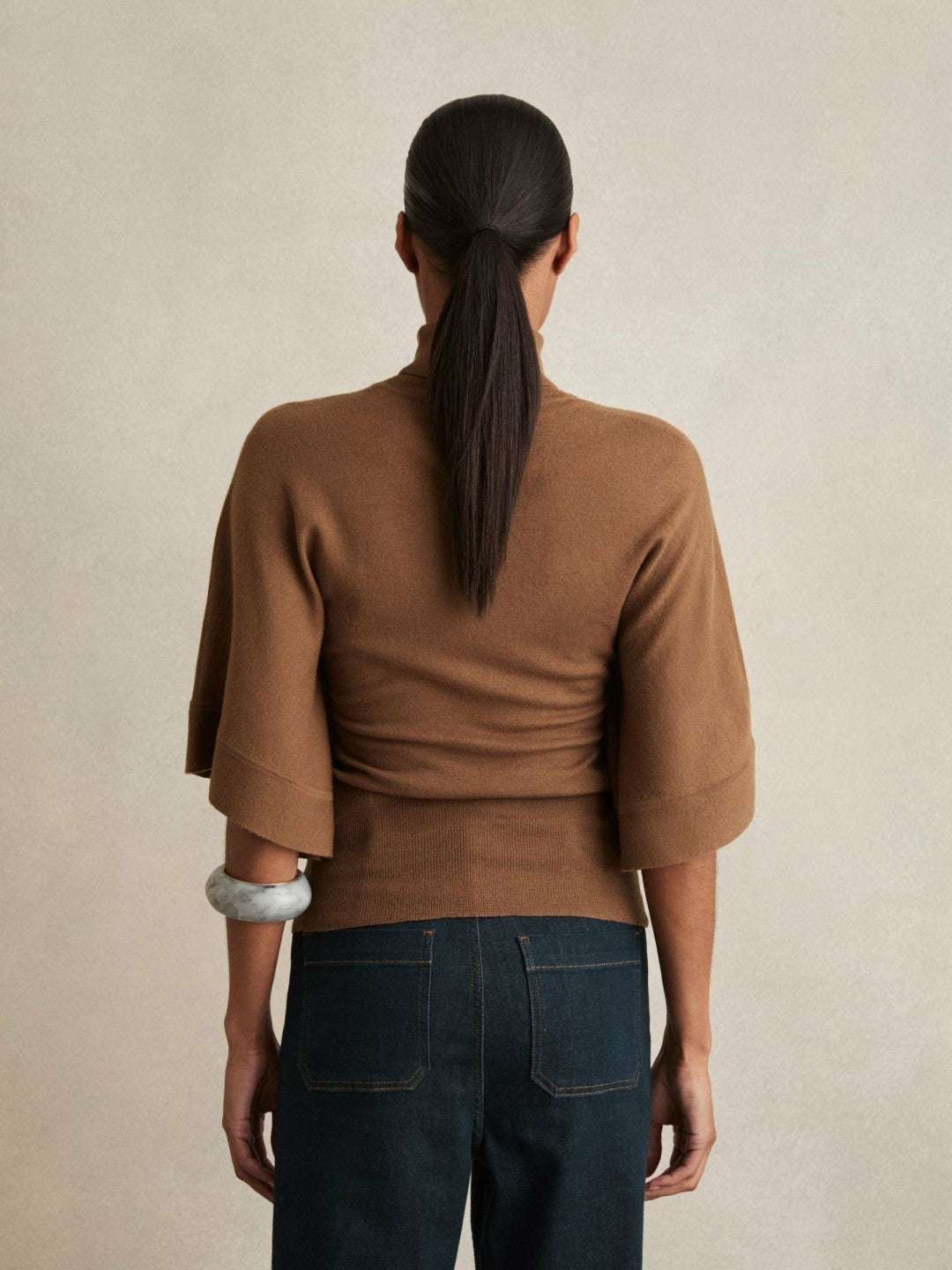 Merino Wool Batwing Roll-Neck Jumper Tan | Women