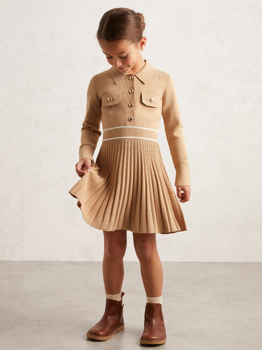 13-14 yrs Button-Detail Stripe Knitted Dress Camel | Children & Baby