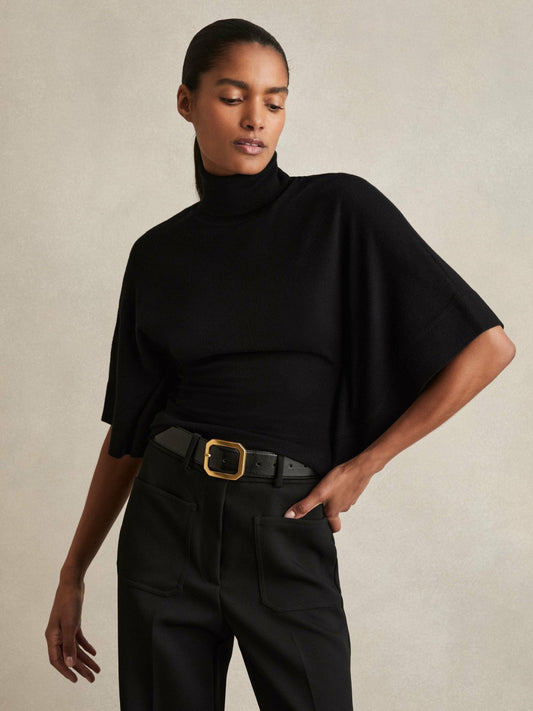 Merino Wool Batwing Roll-Neck Jumper Black | Women