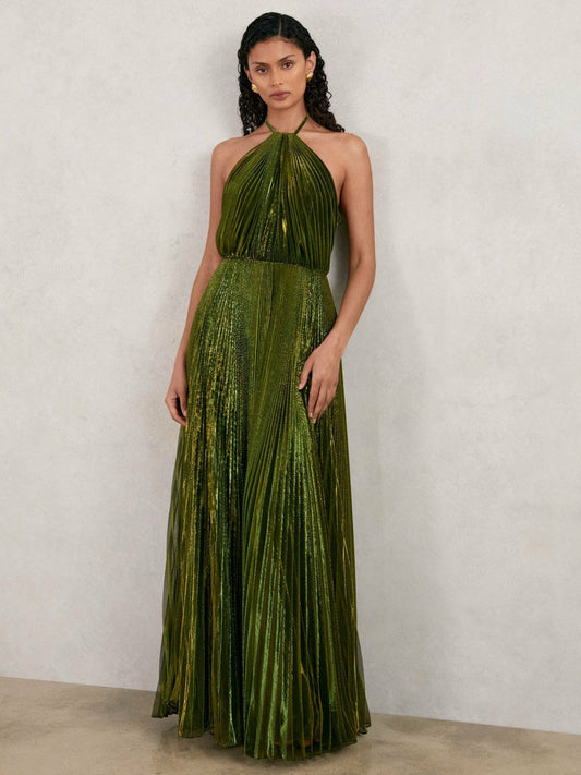 Halston Metallic Pleated Maxi Dress Dark Olive Green | Women