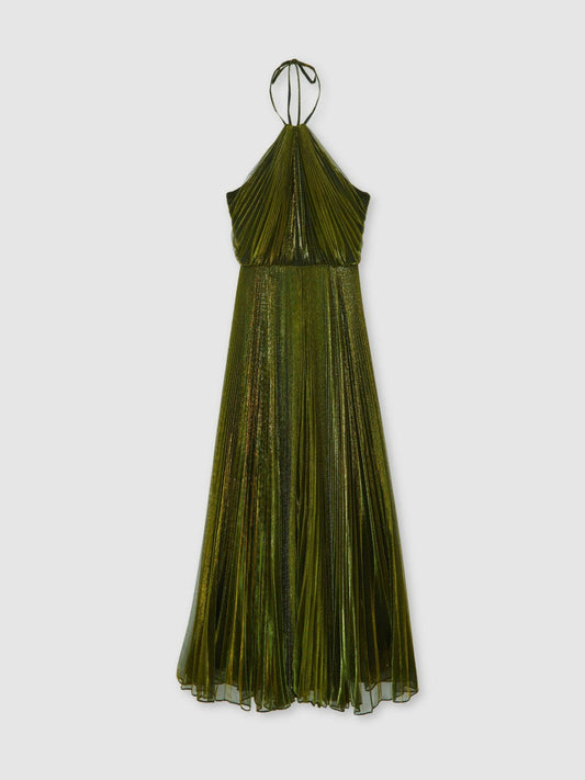 Halston Metallic Pleated Maxi Dress Dark Olive Green | Women
