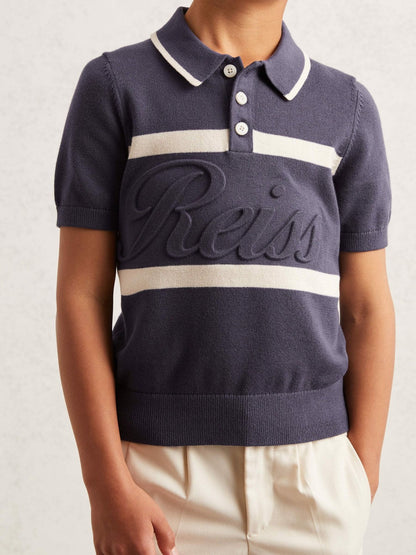 9-13 yrs Cotton Logo-Embossed Knit Polo Shirt Indigo Blue/White | Children & Baby