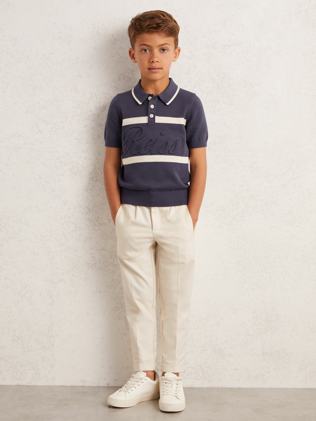 9-13 yrs Cotton Logo-Embossed Knit Polo Shirt Indigo Blue/White | Children & Baby