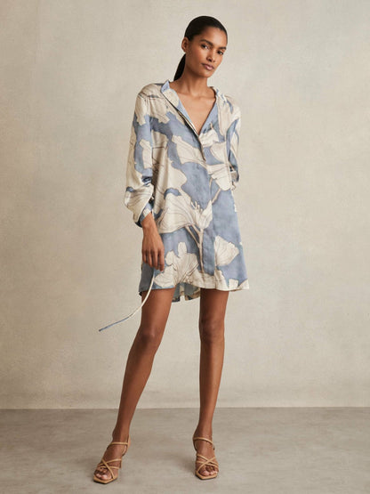 Floral Print Gathered Cut Out Shirt Dress Blue | Women