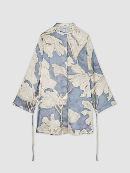 Floral Print Gathered Cut Out Shirt Dress Blue | Women