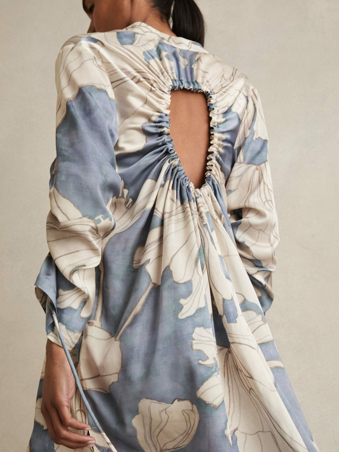 Floral Print Gathered Cut Out Shirt Dress Blue | Women