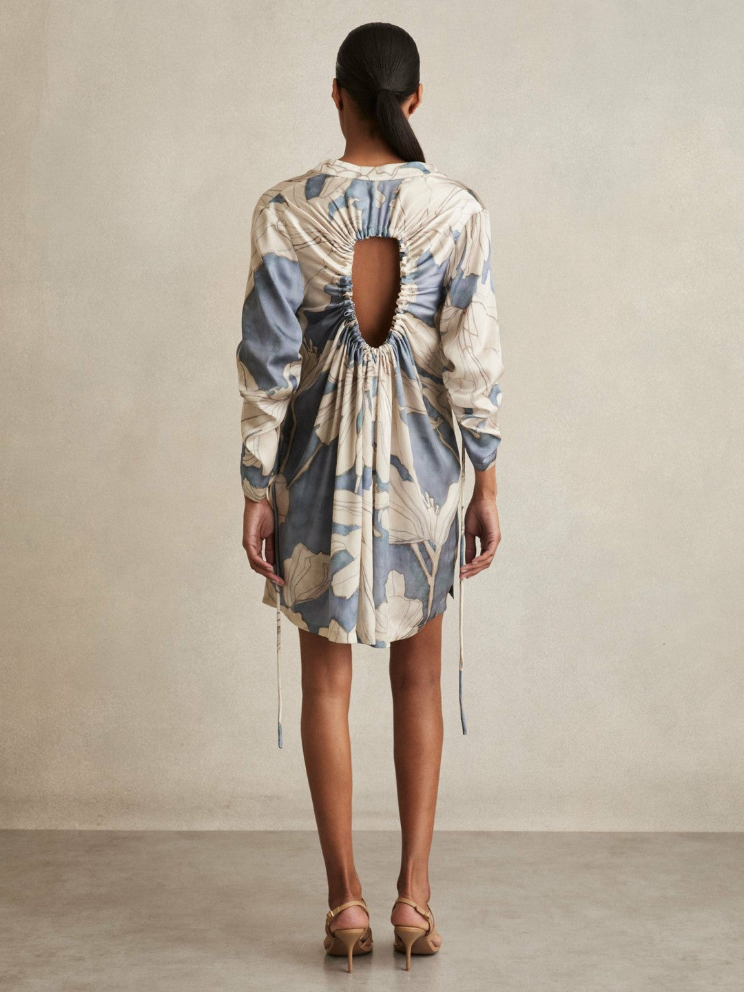 Floral Print Gathered Cut Out Shirt Dress Blue | Women