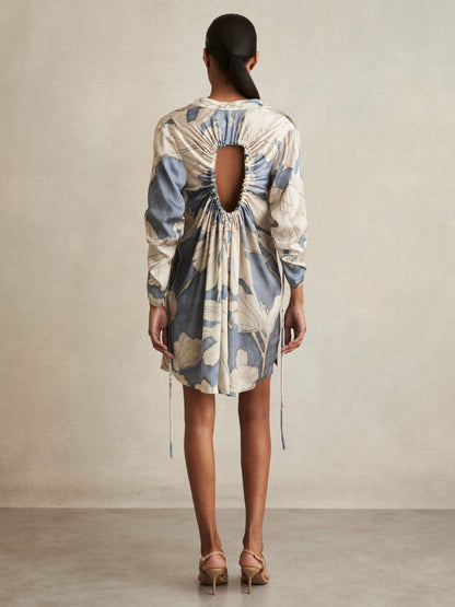 Floral Print Gathered Cut Out Shirt Dress Blue | Women