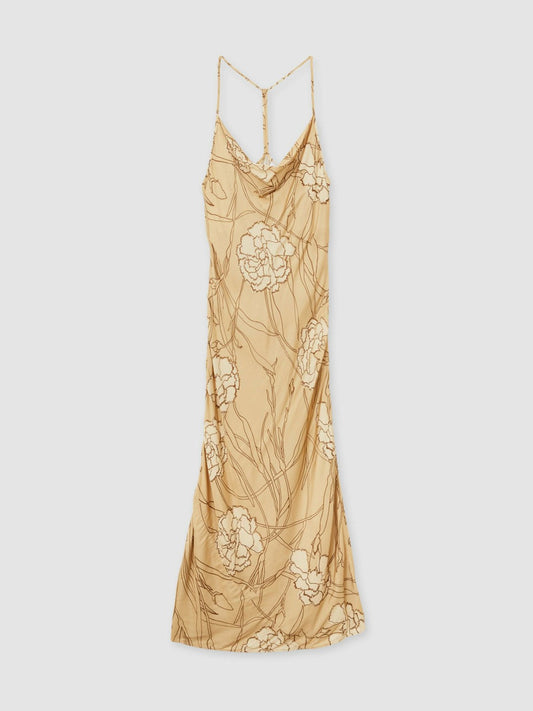 Satin Floral-Print Slip Maxi Dress Gold | Women