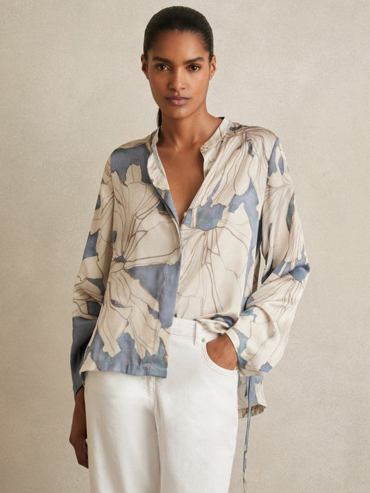 Floral Print Gathered Cut Out Shirt Blue | Women