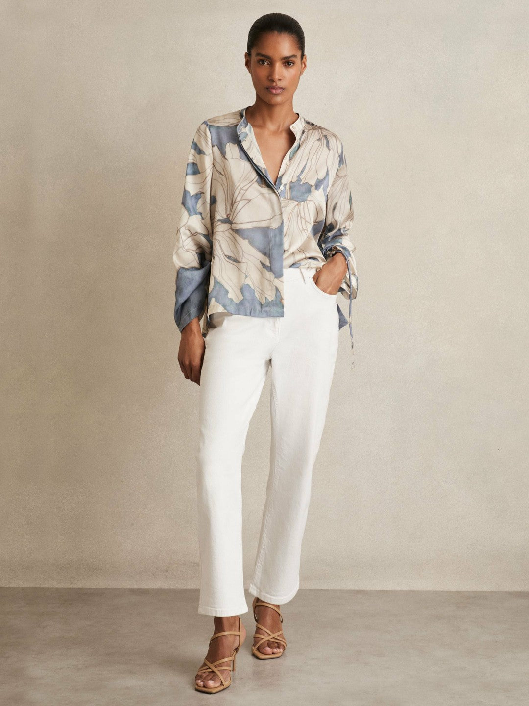 Floral Print Gathered Cut Out Shirt Blue | Women