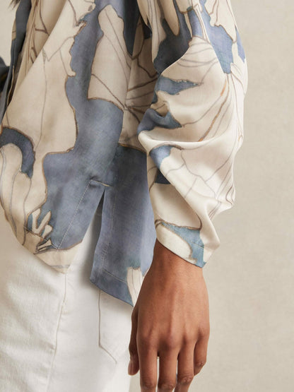 Floral Print Gathered Cut Out Shirt Blue | Women