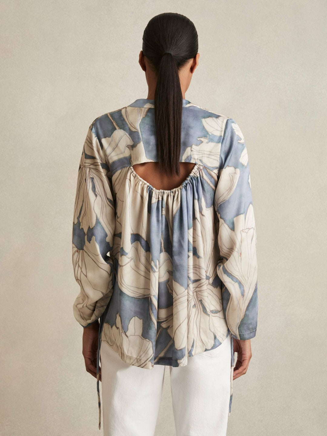 Floral Print Gathered Cut Out Shirt Blue | Women