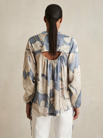 Floral Print Gathered Cut Out Shirt Blue | Women