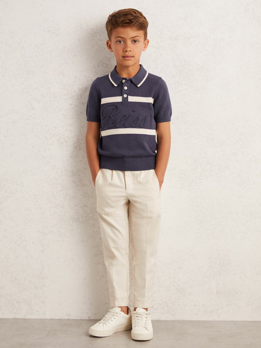13-14 yrs Cotton Logo-Embossed Knit Polo Shirt Indigo Blue/White | Children & Baby