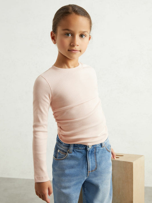 4-9 yrs Cotton Ruched Long-Sleeve T-Shirt with Stretch Pale Pink | Children & Baby