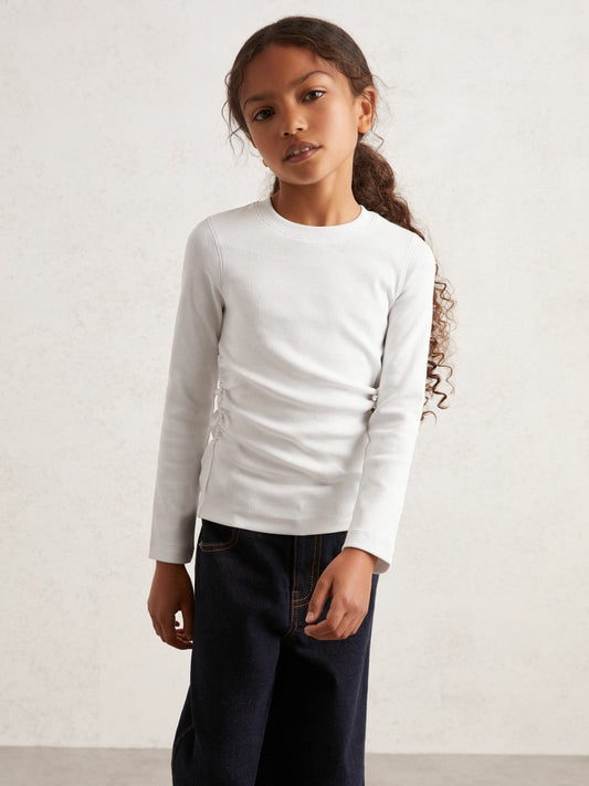 9-13 yrs Cotton Ruched Long-Sleeve T-Shirt with Stretch Ivory | Children & Baby