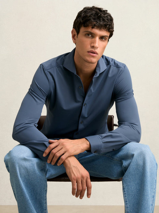 Stretch Jersey Cutaway-Collar Shirt Dark Airforce Blue | Men