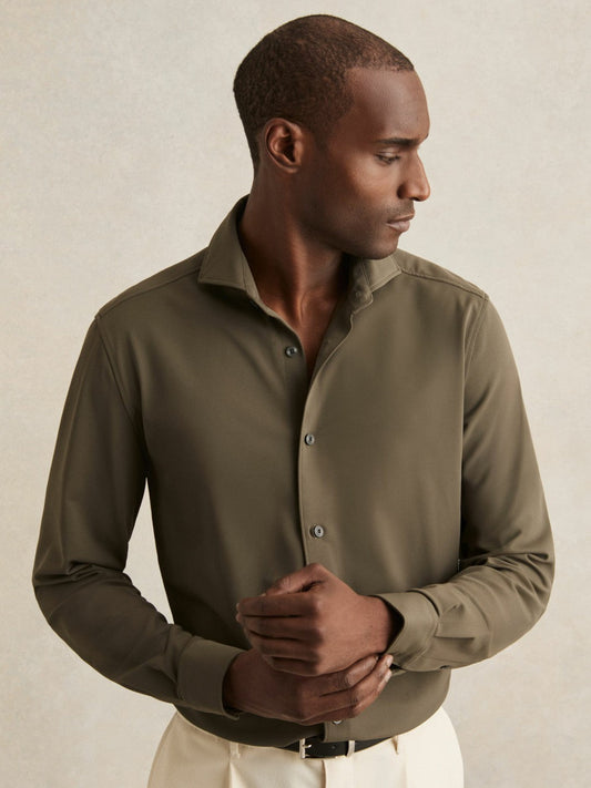 Stretch Jersey Cutaway-Collar Shirt Olive Green | Men