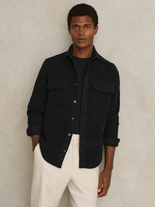 Moleskin-Cotton Twin-Pocket Overshirt Navy | Men
