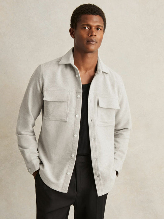 Moleskin-Cotton Twin-Pocket Overshirt Soft Grey Melange | Men