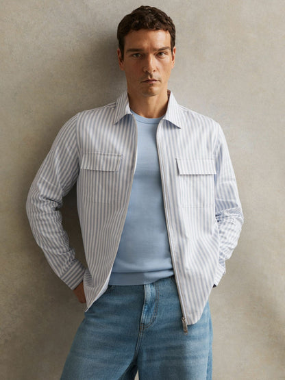 Cotton Stripe Zip-Through Shirt White/Soft Blue | Men