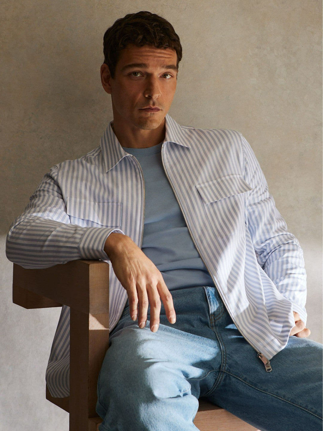Cotton Stripe Zip-Through Shirt White/Soft Blue | Men