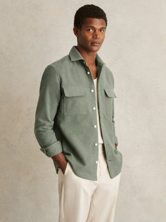 Moleskin-Cotton Twin-Pocket Overshirt Green | Men