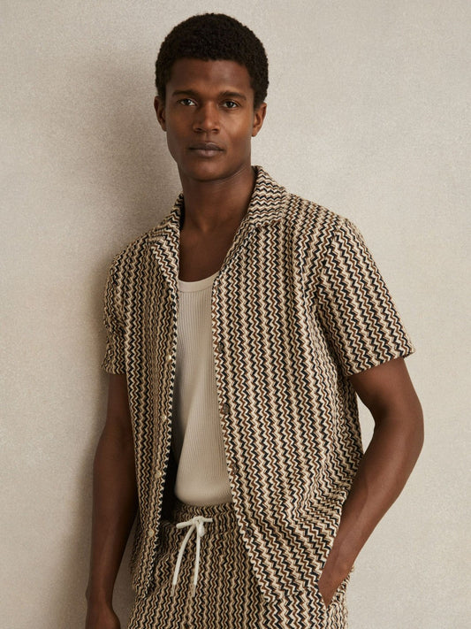 Zig-Zag Knit Cuban-Collar Shirt Tobacco Brown | Men