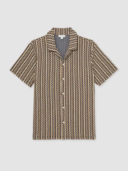 Zig-Zag Knit Cuban-Collar Shirt Tobacco Brown | Men