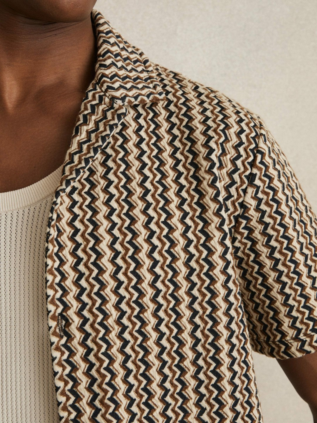 Zig-Zag Knit Cuban-Collar Shirt Tobacco Brown | Men