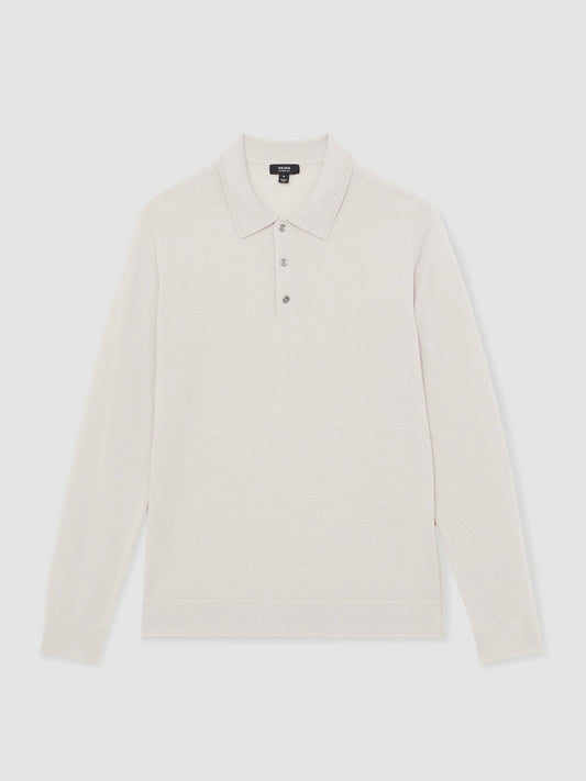 Merino Wool Long-Sleeve Polo Shirt Beige | Men