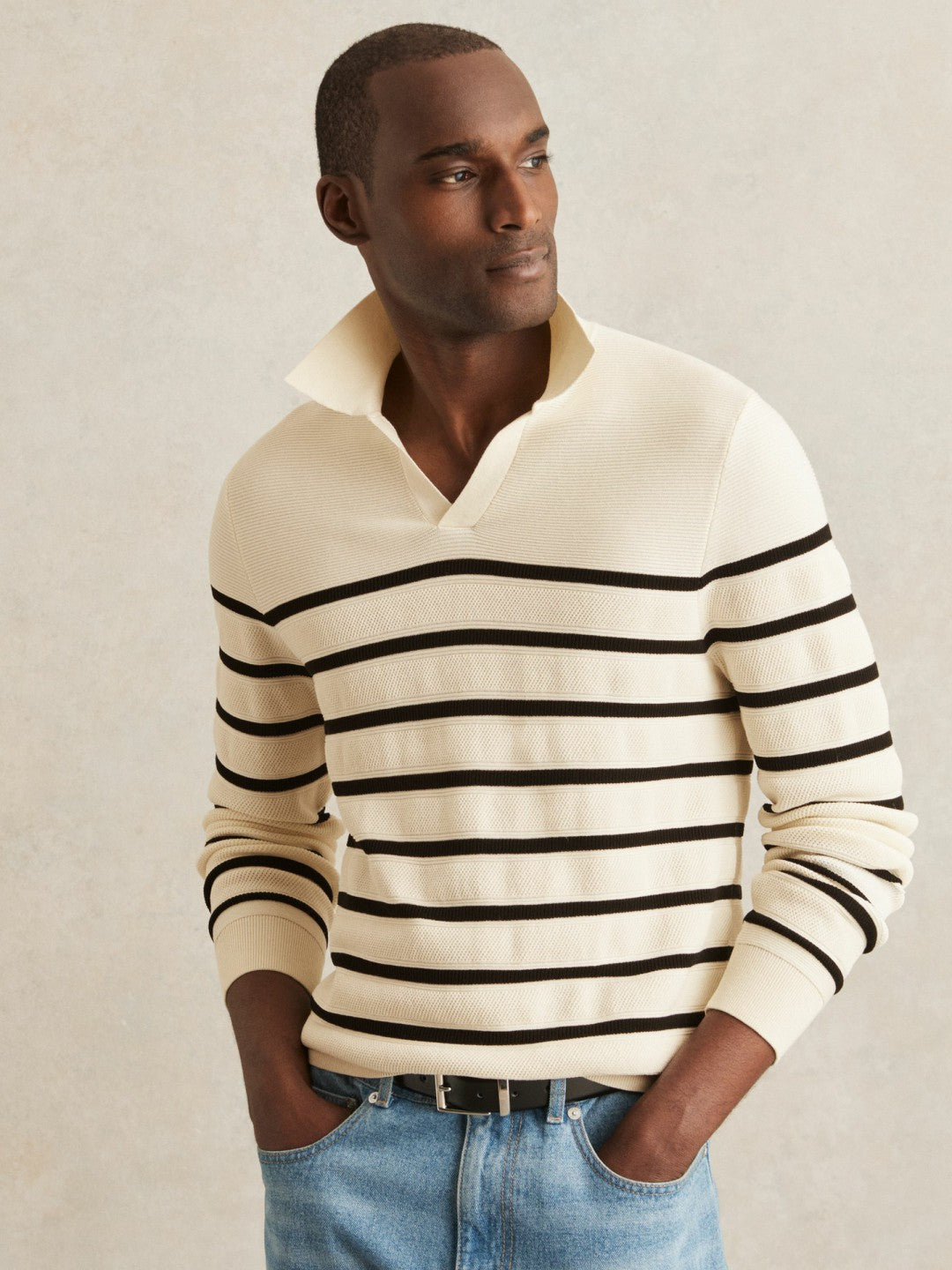 Cotton Blend Stripe Knit Polo Shirt Warm Stone/Black | Men