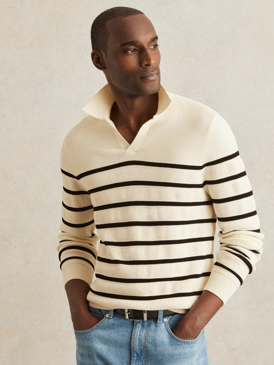 Cotton Blend Stripe Knit Polo Shirt Warm Stone/Black | Men