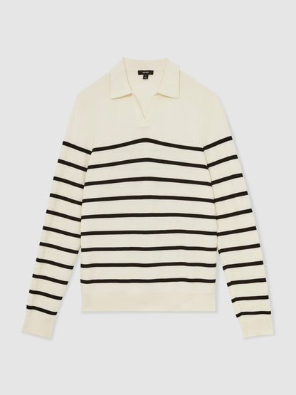 Cotton Blend Stripe Knit Polo Shirt Warm Stone/Black | Men