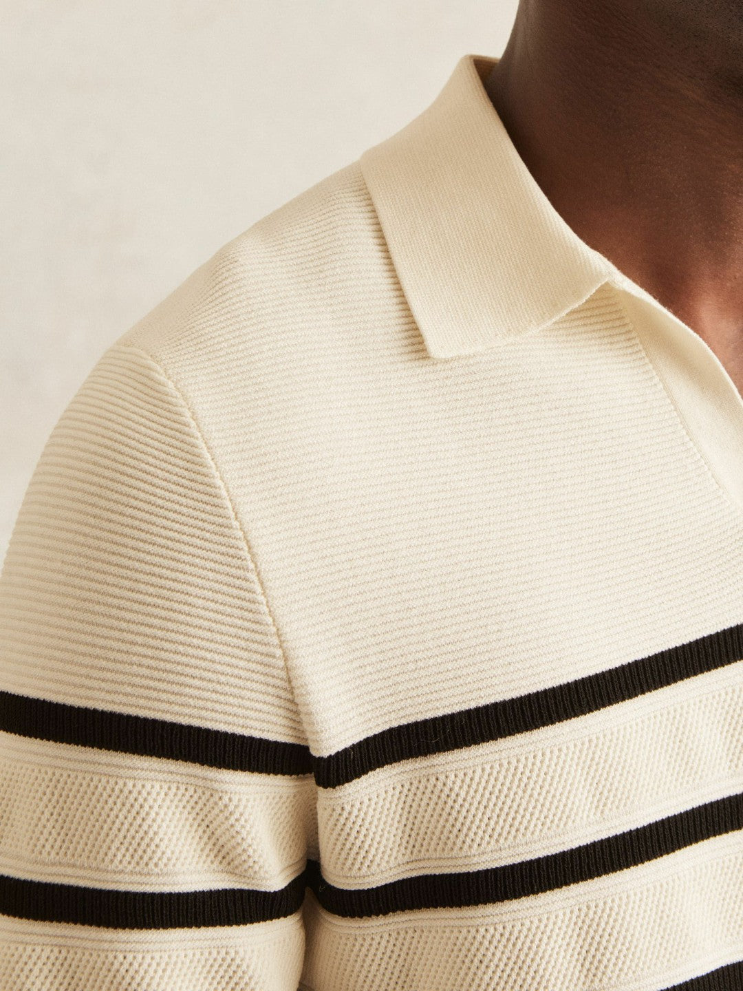 Cotton Blend Stripe Knit Polo Shirt Warm Stone/Black | Men