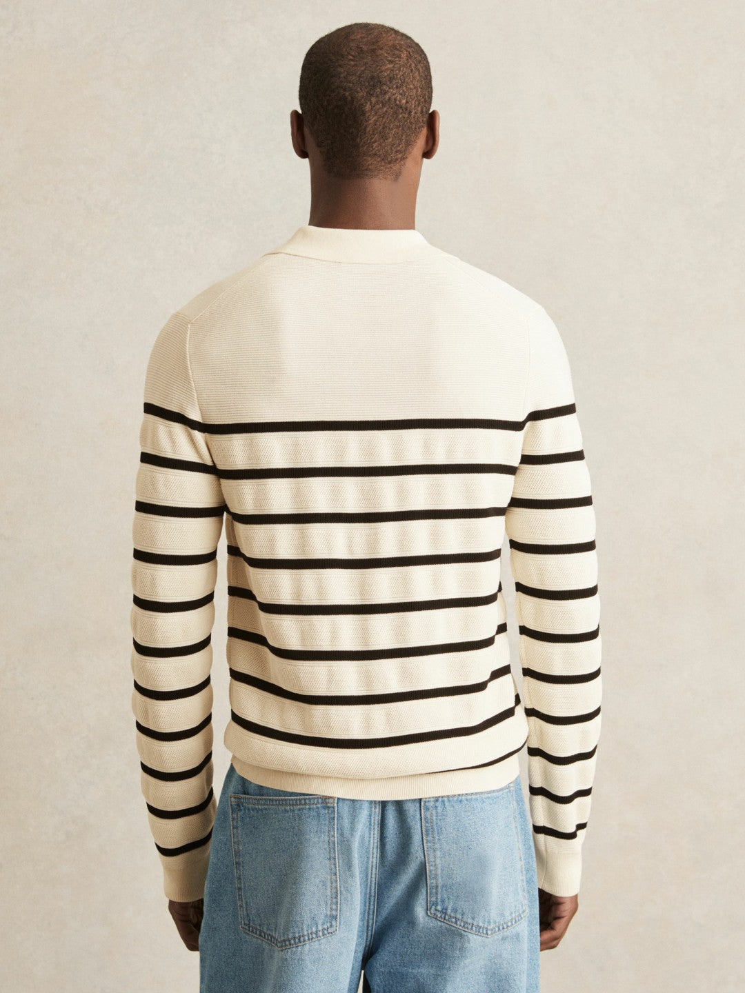 Cotton Blend Stripe Knit Polo Shirt Warm Stone/Black | Men