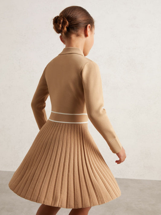 9-13 yrs Button-Detail Stripe Knitted Dress Camel | Children & Baby