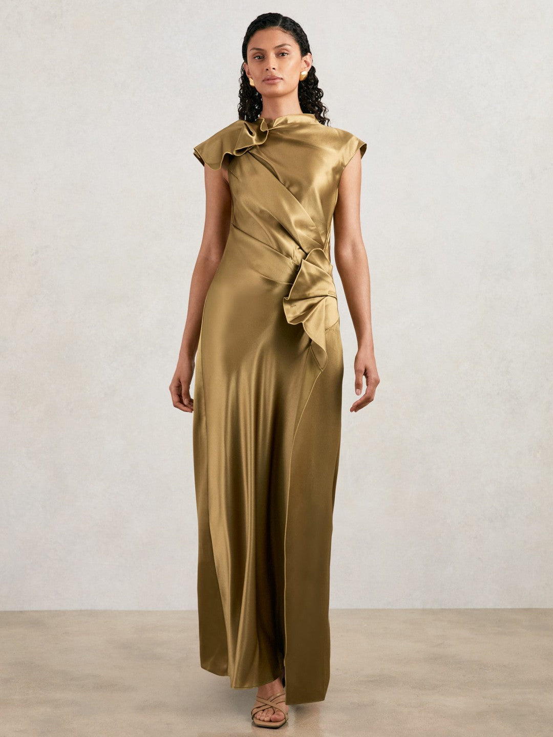 Acler Draped Satin Midi Dress Gold Moss | Women